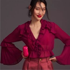 NWOT Anthropologie magenta bell, long sleeve cropped top w/ ruffle details, XS